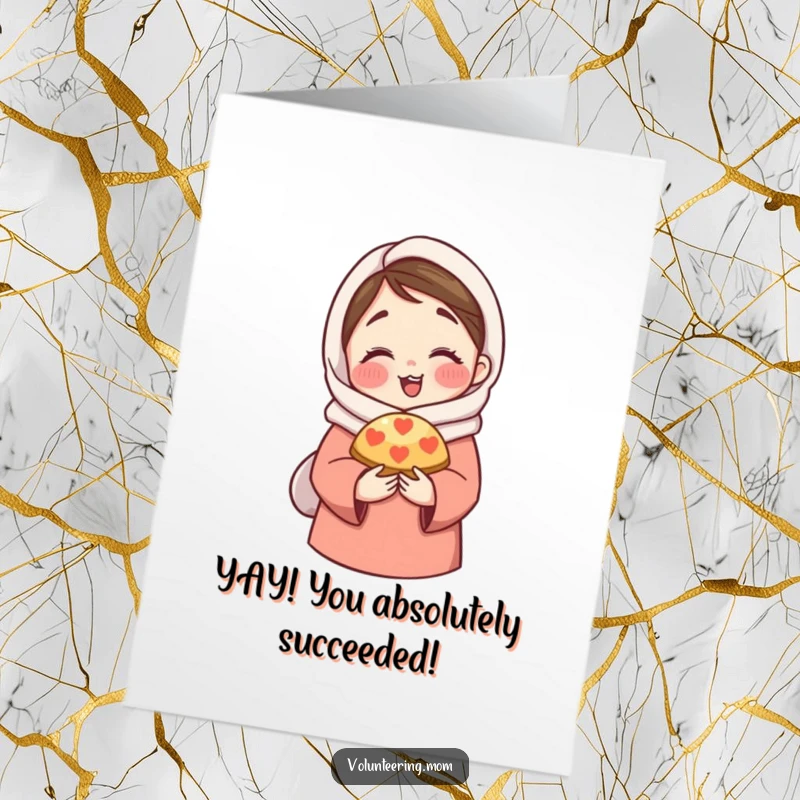 Funny Free Printable Congratulations Card: A mom character sharing a tasty pastry while giving a warm, loving hug.