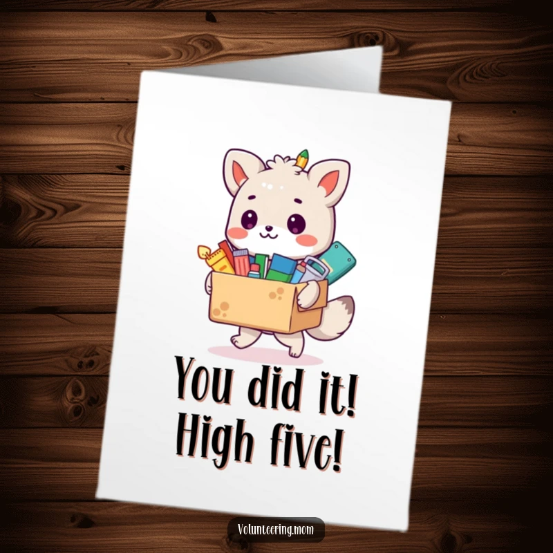 Funny Free Printable congratulations card: An excited animal character presents a gift box overflowing with colorful art supplies.