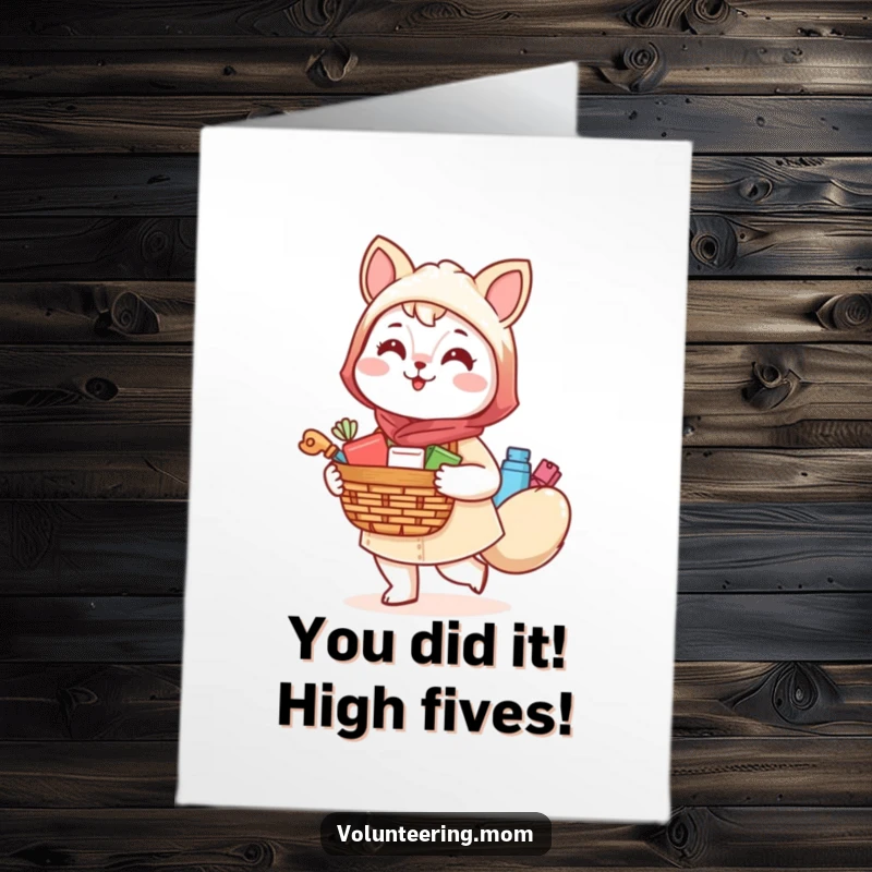 Funny Free Printable Congratulations Card with a cheerful Kawaii mom animal carrying supplies, celebrating an achievement with joy.