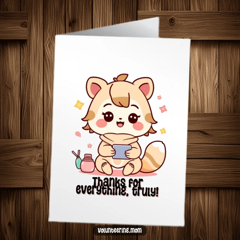 Funny free printable Kawaii mom animal character multitasking with glee, perfect for a thank you card.
