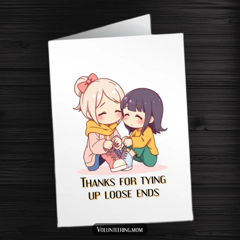 Sweet Free Printable Thank You Card: Mom character helping tie shoelaces with utmost care