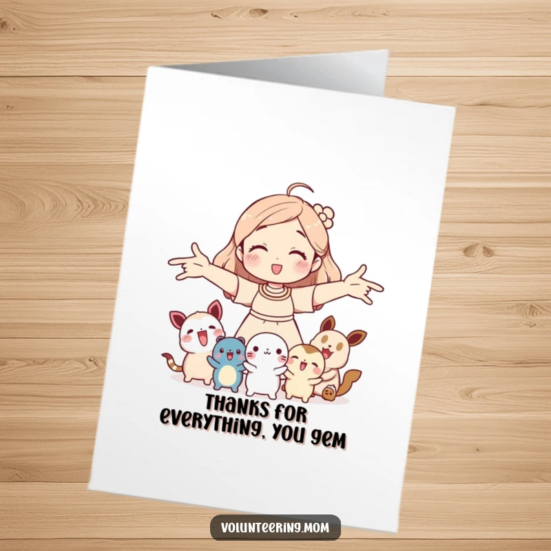 Funny Free Printable Thank You Card: Mom with outstretched arms greeting small creatures, a DIY present.
