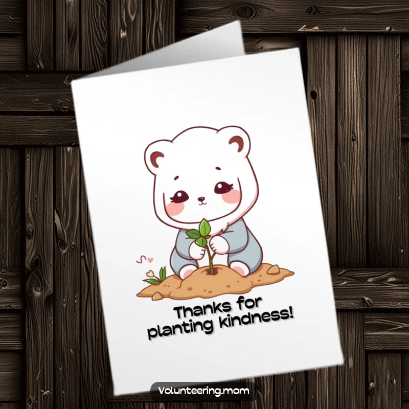 Free Printable Thank You Card of a gentle Kawaii mom animal character planting a small sapling with tender care.