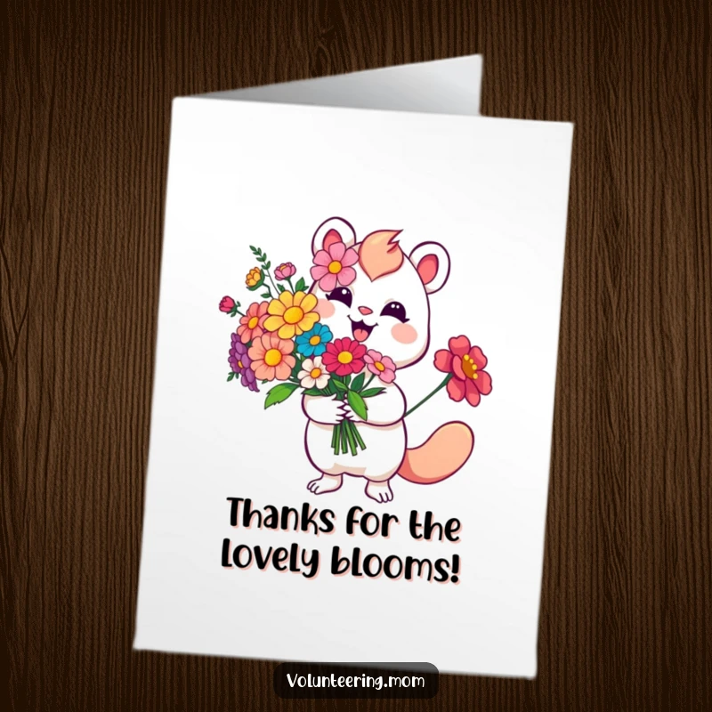 Funny Free Printable Thank You Card: A smiling whimsical character handing over a colorful bouquet of fresh flowers.