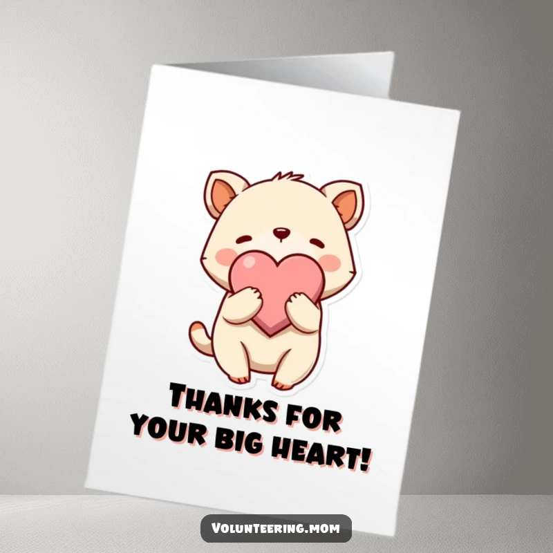 Funny Free Printable Thank You Card: Cute animal character with a big heart giving a gentle, loving embrace.