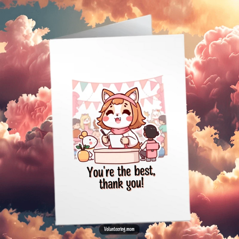 Funny free printable Kawaii mom animal character happily organizing a community event, ideal for a thank you card.