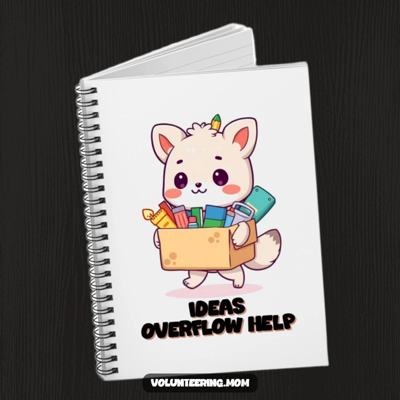 Funny animal artist notebook featuring a box overflowing with colorful art supplies, ideal for journaling creative ideas.