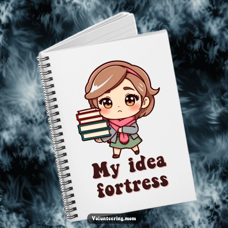 Funny mom notebook with a determined character holding a stack of books, ideal for notes and planning.