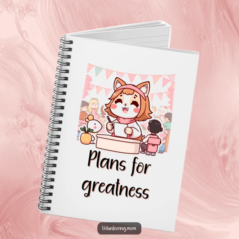 Funny notebook cover with a happy Kawaii mom animal character enthusiastically organizing a community event, perfect for notes.
