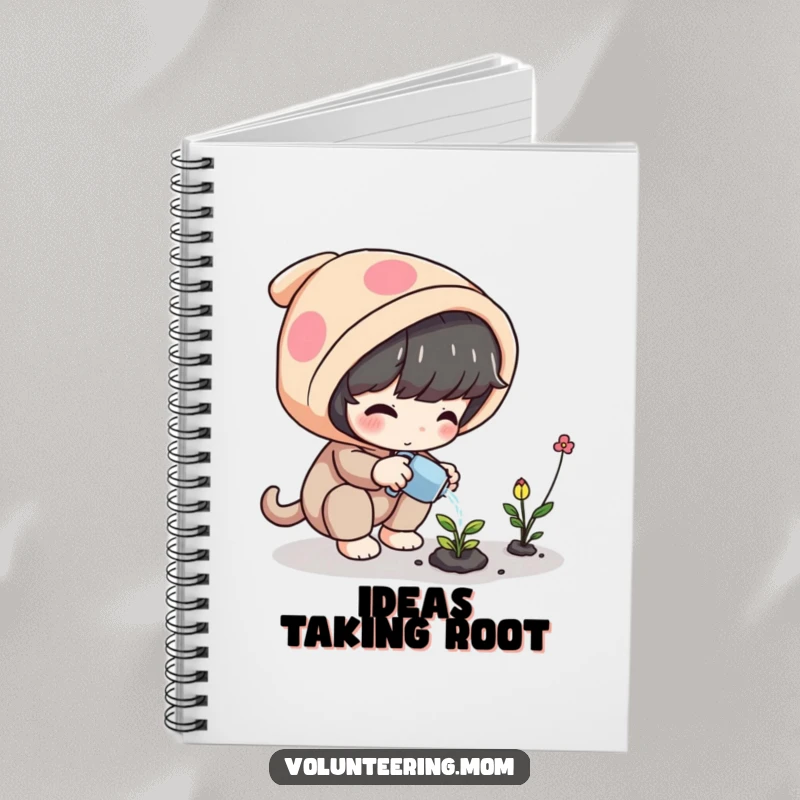 Funny Plant Notebook featuring a playful character watering a small, magical plant, perfect for journaling growth.