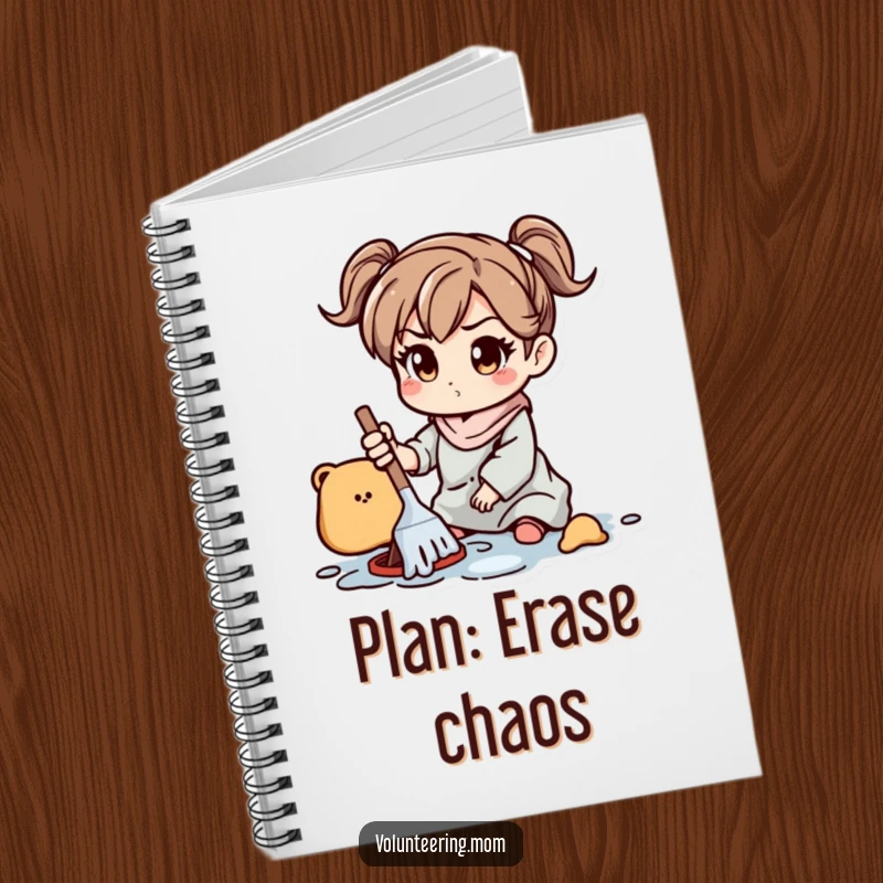 Funny Notebook: A lined notebook adorned with a drawing of a mom character with a determined expression, cleaning a scattered mess.