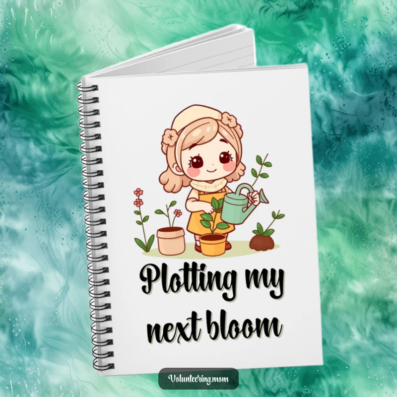Funny Kawaii Mom gardening notebook, smiling mom with watering can, perfect for notes and creative planning.