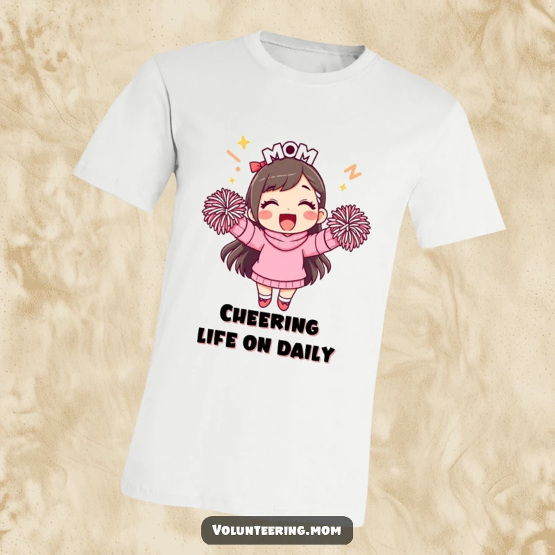 Funny mom t-shirt featuring a smiling mom with pom-poms, enthusiastically cheering and celebrating.