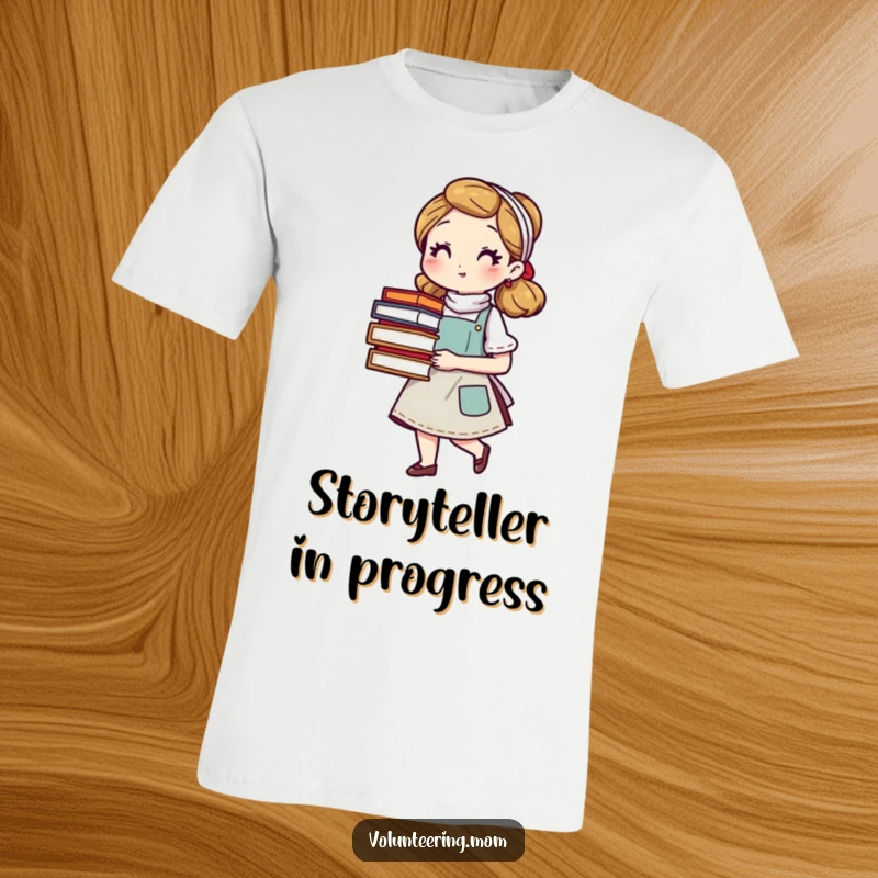 Funny mom t-shirt with an apron-clad character holding books, celebrating her love for reading and motherhood, a perfect funny gift.