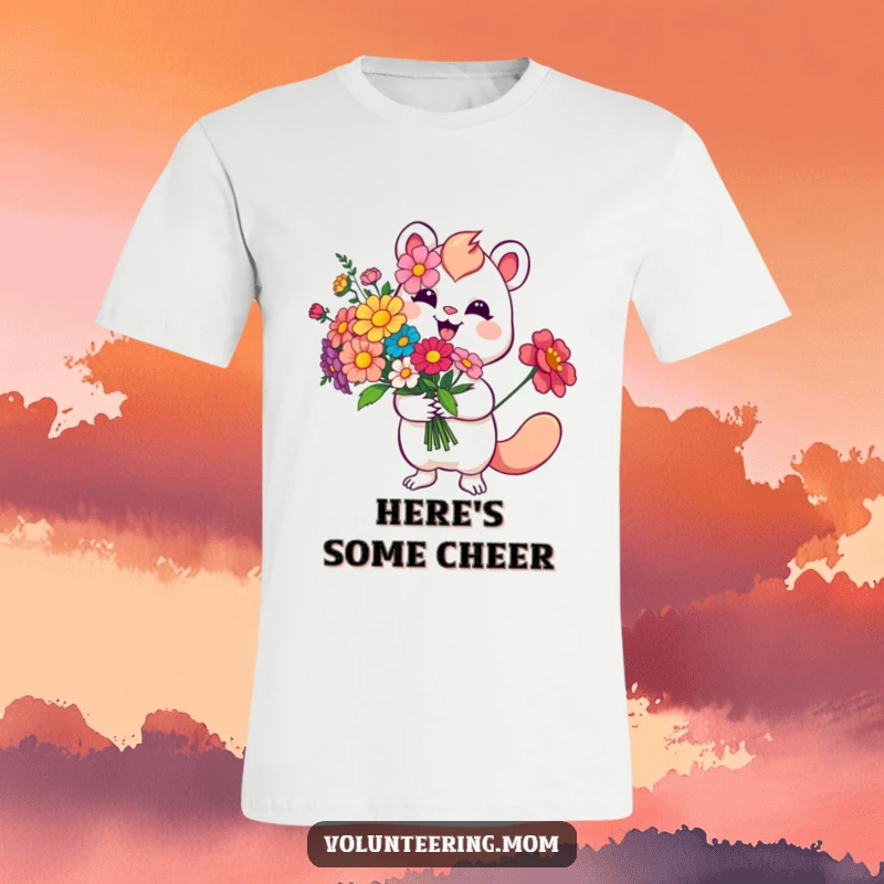 Funny Flower T-Shirt featuring a whimsical creature beaming with a smile while presenting a colorful bouquet of vibrant flowers.