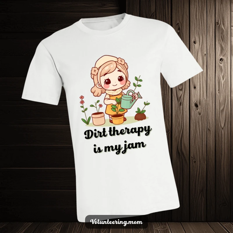 Funny Kawaii Mom gardening t-shirt, smiling and watering flowers, celebrating nature and motherhood with humor.
