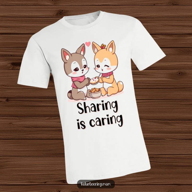 Funny Kawaii mom animal character t-shirt, depicted generously sharing food with another character, promoting friendship and abundance.