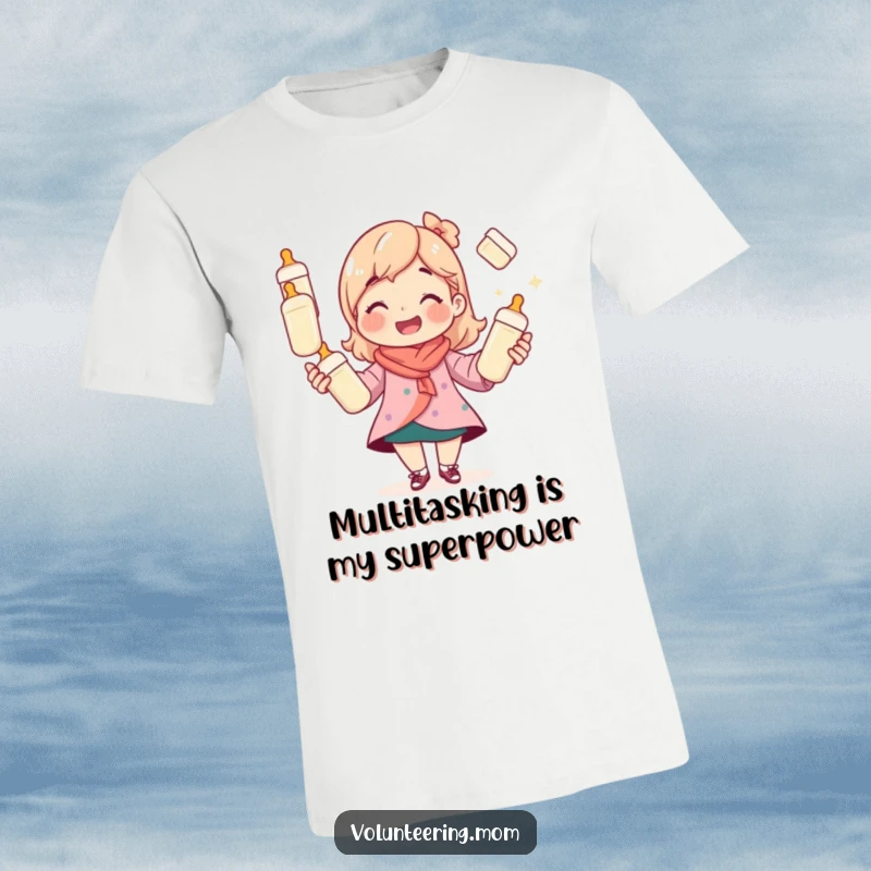 Funny mom t-shirt featuring a smiling mom expertly juggling baby bottles, a humorous take on parenting.