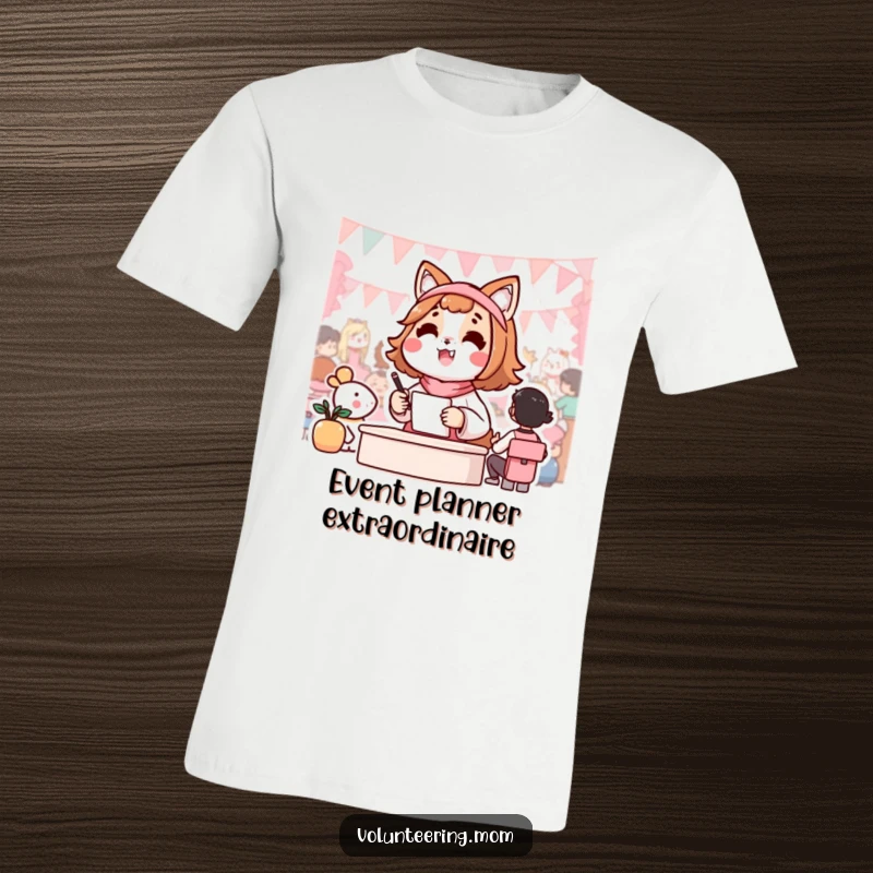 Funny t-shirt featuring a delighted Kawaii mom animal character energetically planning and executing a vibrant community gathering.
