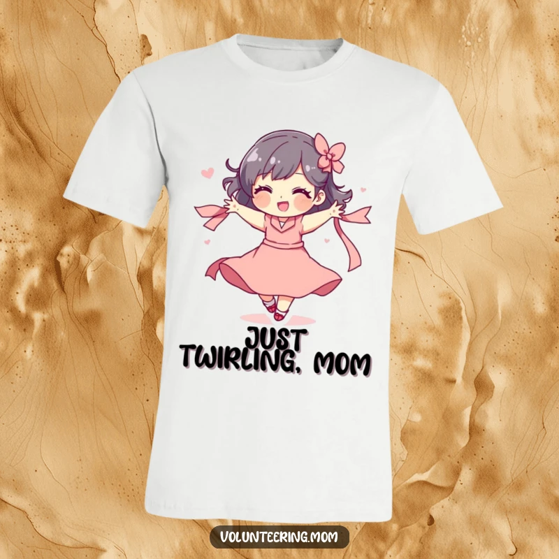 Funny t-shirt featuring a mom character playfully twirling with a colorful ribbon, embodying grace and fun.