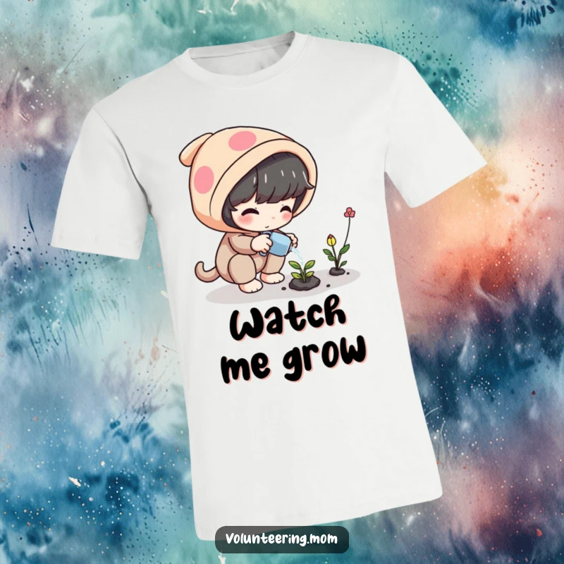 Funny Plant T-Shirt featuring a playful character carefully watering a small, glowing magical plant, symbolizing growth and care.