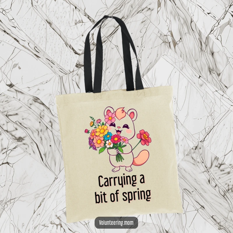Funny Flower Tote Bag featuring a smiling whimsical creature presenting a vibrant bouquet of flowers, ideal for stylish cheer.