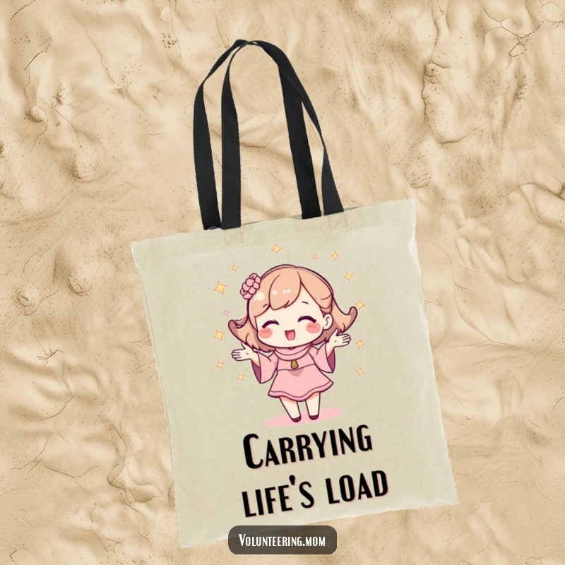 Funny tote bag with a kawaii mom character sparkling and juggling, perfect for carrying mom essentials.