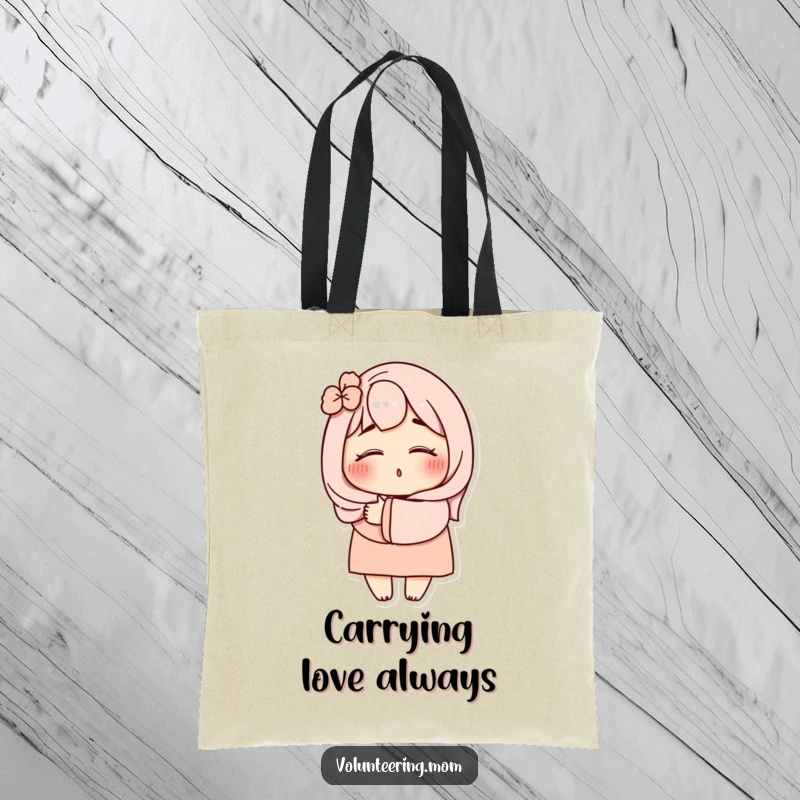 Funny Mom Hug Tote Bag: Charming mom character with eyes gently closed, offering a loving hug, ideal for a funny shopping companion.