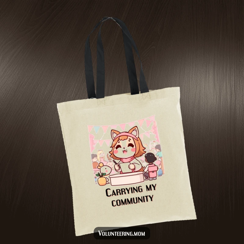 Funny tote bag depicting a happy Kawaii mom animal character managing the details of a successful community event with a smile.