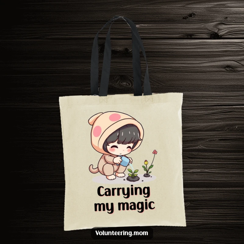 Funny Plant Tote Bag featuring a playful character watering a small, magical plant, ideal for carrying botanical joy.