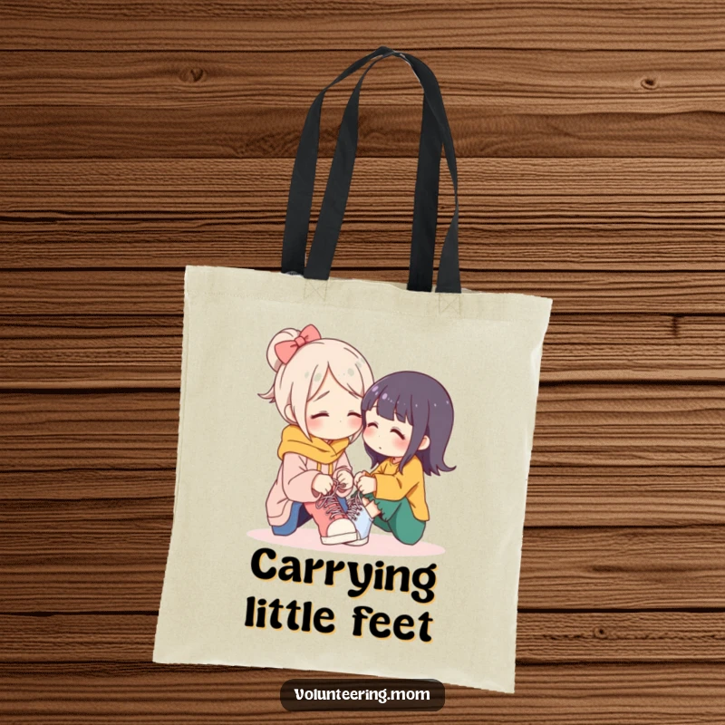 Funny mom tote bag, a mother figure patiently tying shoelaces, showcasing tenderness and motherly devotion.