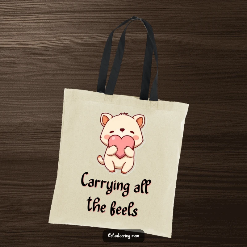 Funny Hug Tote Bag showing a cute animal character gently embracing a large heart symbol, ideal for carrying love.