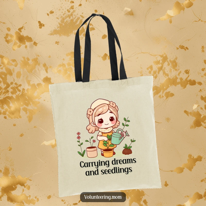 Funny Kawaii Mom gardening tote bag, happily carrying gardening supplies, a practical and humorous accessory.