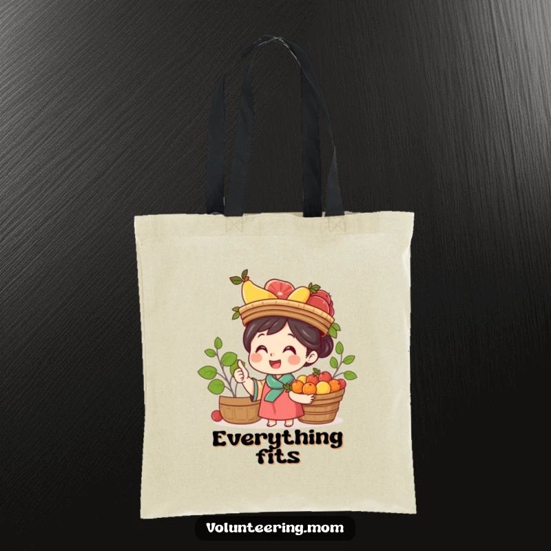 Funny Mom Tote Bag: Cheerful mom with a fruit basket balanced on her head, ready for any task.
