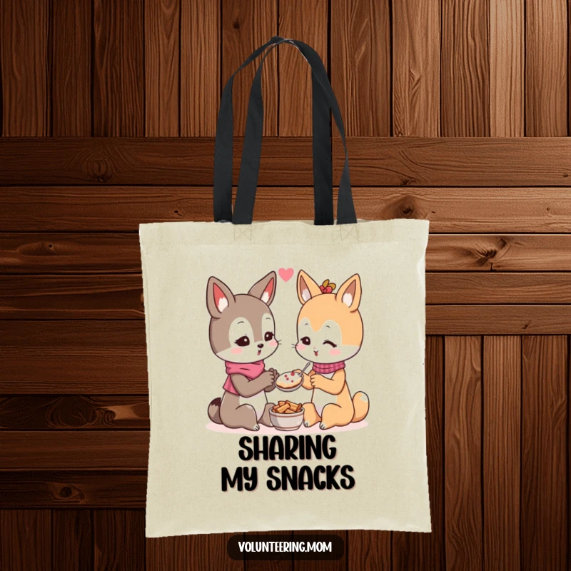 Funny Kawaii mom animal character tote bag, illustrating the generous sharing of food, symbolizing friendship and community.